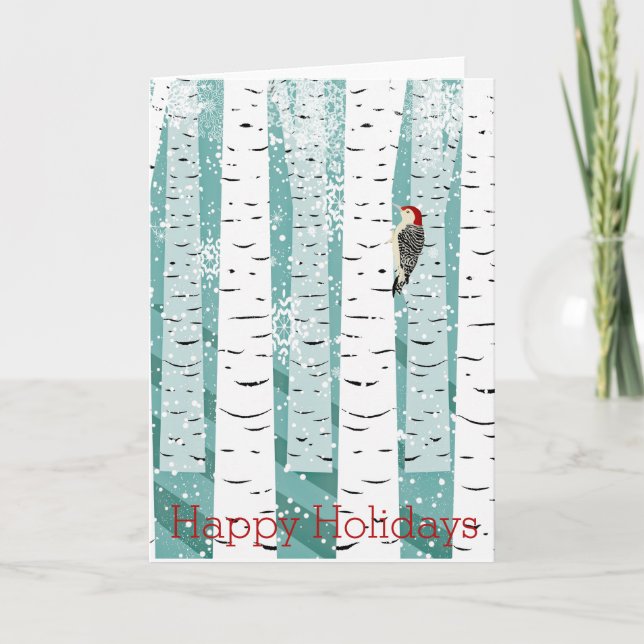 Woodpecker in a Snowy Stand of Birches Holiday Card (Front)
