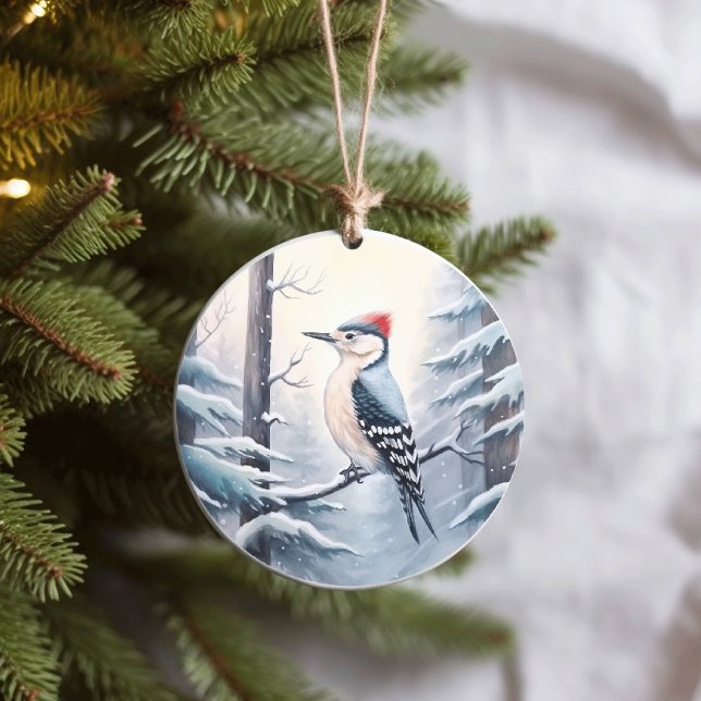 Woodpecker in Snowy Winter Woodland Christmas Ceramic Ornament (Creator Uploaded)