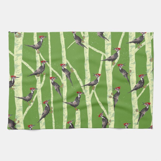 WOODPECKER IN TREES PATTERN KITCHEN TOWEL (Horizontal)