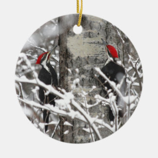 Woodpecker In Winter Ceramic Ornament