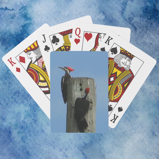 Woodpecker Posing on a Pole Photograph Playing Cards (A deck of playing cards with a photograph of two woodpecker birds on a pole.)