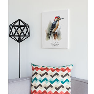 woodpecker sitting on a pole in watercolor canvas print