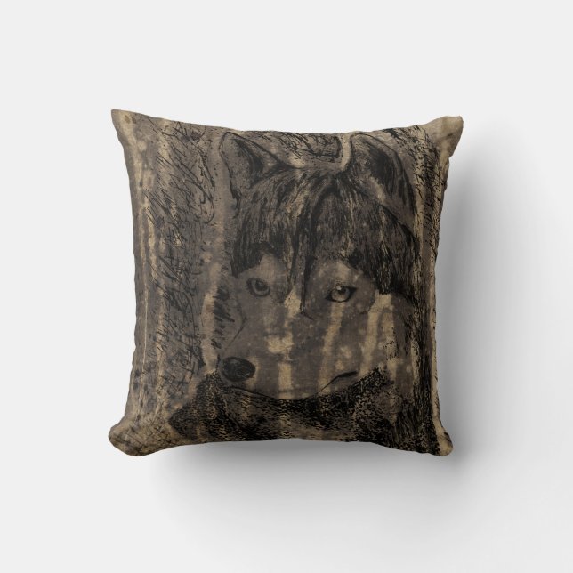 Woods and Wolf Throw Pillow (Front)