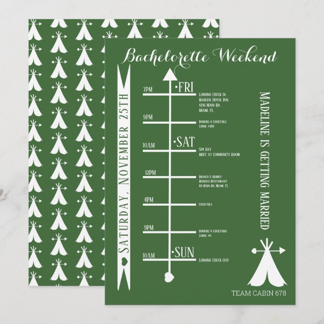 Woods Camp Bachelorette Weekend Getaway Itinerary Invitation (Front/Back)