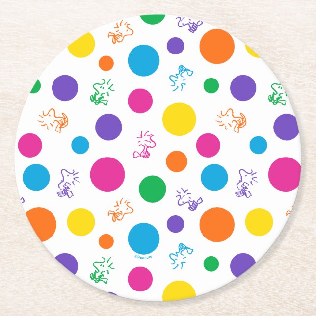Woodstock Rainbow Polka Dot Pattern Round Paper Coaster (Front)