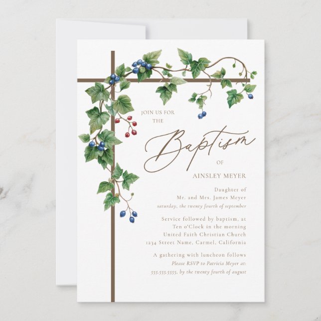 Woodsy Brown Cross Botanical Grapevine Baptism Invitation (Front)