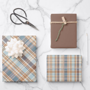 Woodsy Brown, Greys, Tan & Cream Plaid Wrapping Paper Sheet