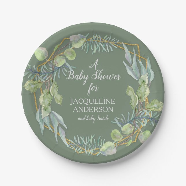 Woodsy Geometric Watercolor Greenery Baby Shower Paper Plate (Front)