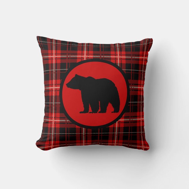 Woodsy Red Plaid Bear Print Throw Pillow (Front)