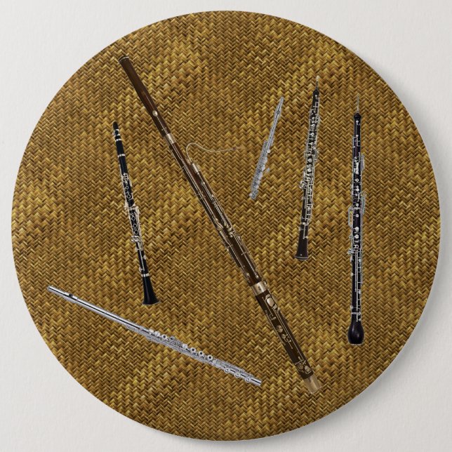 Woodwind Family on Basket Weave Look 6 Inch Round Button (Front)