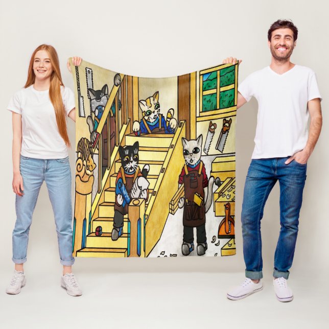 Woodwork Joinery Cats Fleece Blanket (In Situ)