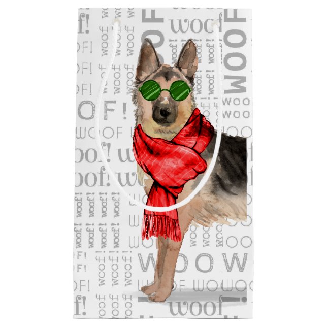 Woof Art and a German Shepherd Christmas Dog Small Gift Bag (Front)