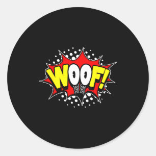 Woof! cartoon eyes catcall action word comic book classic round sticker