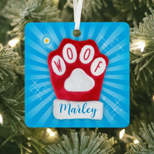 WOOF Christmas Santa Dog Red Mitten Stars Add Name Metal Ornament (Insitu)