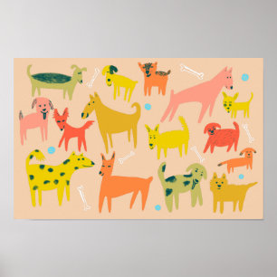 Woof! Colourful Funny Dogs Illustration Poster