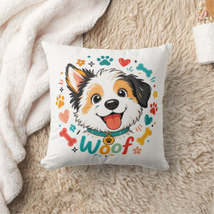 Woof Cute Puppy Face Illustration Throw Pillow