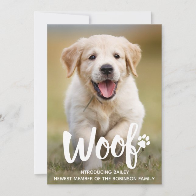 Woof Cute Puppy Personalized Photo Dog New Pet Announcement (Front)