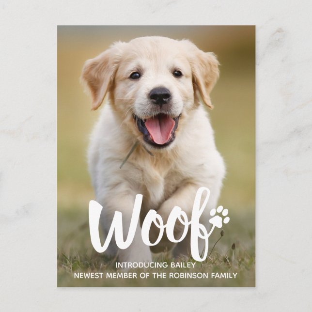 Woof Cute Puppy Personalized Photo Dog New Pet Announcement Postcard (Front)