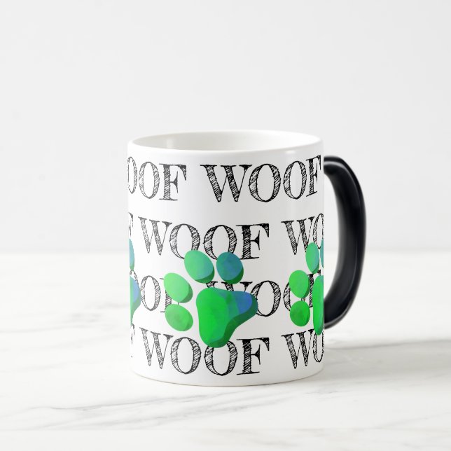 WOOF Pattern Blue Green Paw Print Colourful Fun Magic Mug (Front Right)
