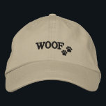 WOOF - Paw Print Embroidered Hat<br><div class="desc">Show off the dog lover in you!  This quality 100% cotton chino twill cap has the word WOOF embroidered on the front in black thread,  along with two little paw prints,  also embroidered in black.</div>