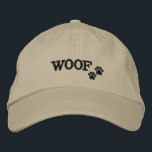 WOOF - Paw Print Embroidered Hat<br><div class="desc">Show off the dog lover in you!  This quality 100% cotton chino twill cap has the word WOOF embroidered on the front in black thread,  along with two little paw prints,  also embroidered in black.</div>