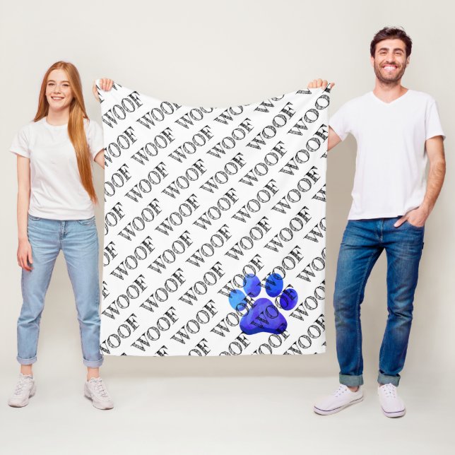 Woof Typography Blue Paw Print Modern Dog Pet Fun Fleece Blanket (In Situ)
