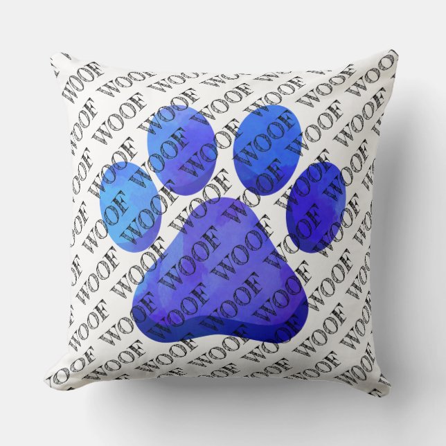 WOOF Typography Blue Paw Print Modern Dog Pet Fun Throw Pillow (Front)