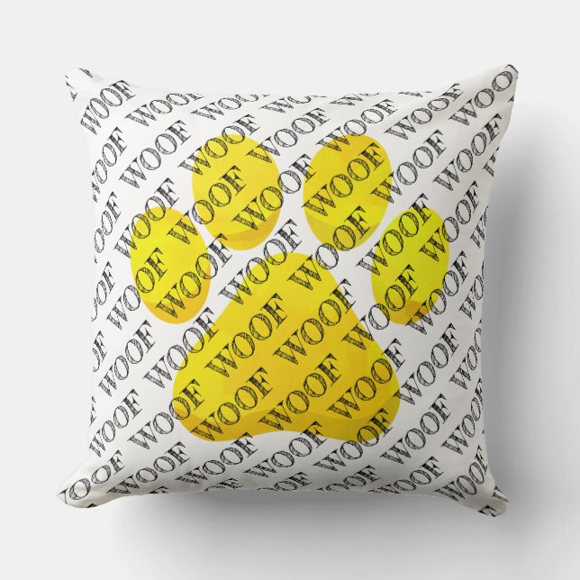WOOF Typography Dog Paw Print Modern Pet Fun Throw Pillow (Front)