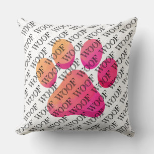 WOOF Typography Dog Paw Print Modern Pet Fun Throw Pillow