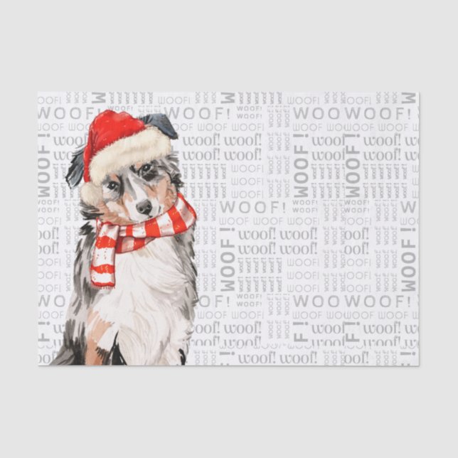 Woof Word Art and Australian Shepherd Santa Dog Tissue Paper (Front)