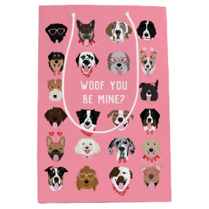 Woof You Be Mine Dog Face Pattern Magnet Medium Gift Bag