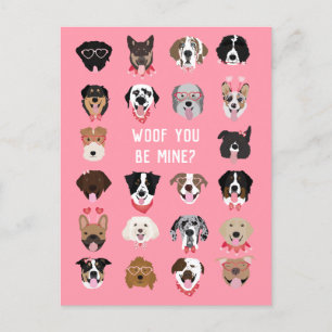 Woof You Be Mine Dog Face Pattern Postcard