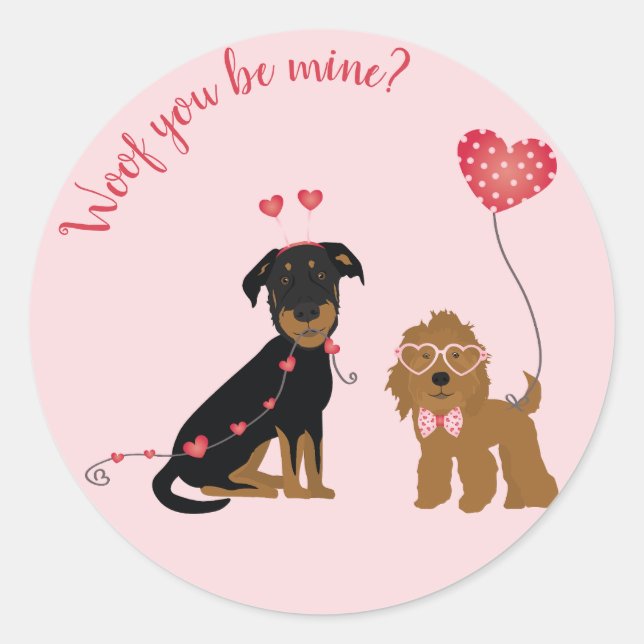 Woof You Be Mine Valentine Dogs Classic Round Sticker (Front)
