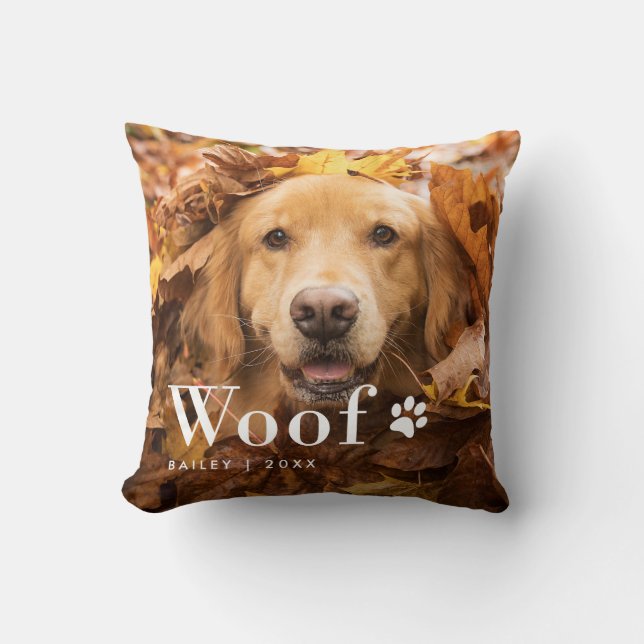 Woof | Your Dog's Photo and a Paw Print Throw Pillow (Front)
