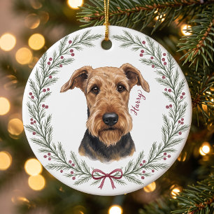 Woofkin Rustic Evergreen Berry Wreath Pet Portrait Ceramic Ornament