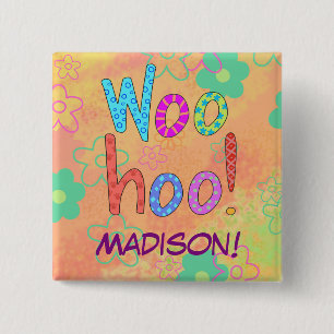 WooHoo Orange Word Text Art Name Badge 2 Inch Square Button