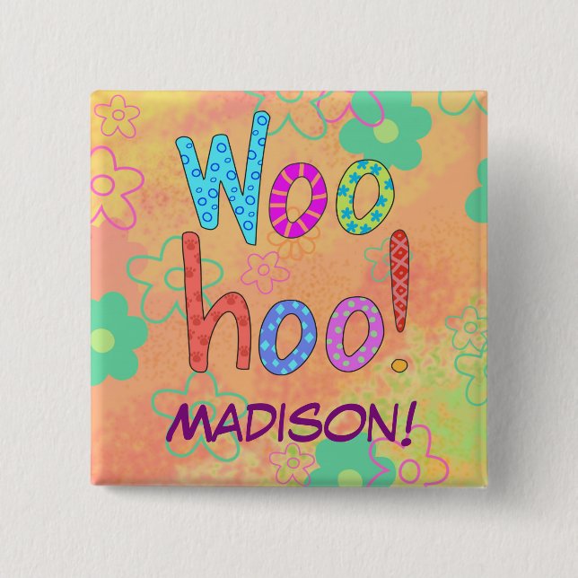 WooHoo Orange Word Texte Art Nom Badge (Devant)