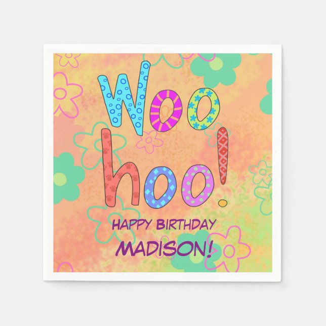 Woohoo Word Text Art Name Personalized Birthday Napkin (Front)