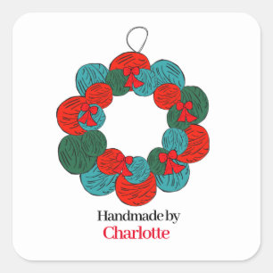 Wool balls pompon Christmas wreath handmade Square Sticker