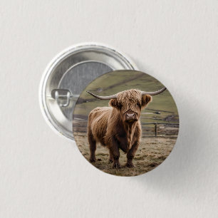 Woolly Brown Highland Cow, 1 Inch Round Button