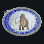 Woolly Mammoth Oval Belt Buckle<br><div class="desc">A Woolly Mammoth in a typical Ice Age tundra setting. Woolly mammoths were not noticeably larger than present-day African elephants. Fully grown mammoth bulls reached heights between 9.2 ft and 9.8 ft while the dwarf varieties reached between 6 ft and 7.5 ft. Woolly mammoths had a number of adaptations to...</div>