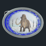 Woolly Mammoth Oval Belt Buckle<br><div class="desc">A Woolly Mammoth in a typical Ice Age tundra setting. Woolly mammoths were not noticeably larger than present-day African elephants. Fully grown mammoth bulls reached heights between 9.2 ft and 9.8 ft while the dwarf varieties reached between 6 ft and 7.5 ft. Woolly mammoths had a number of adaptations to...</div>