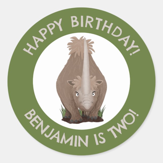 woolly rhino elasmotherium personalized birthday classic round sticker (Front)