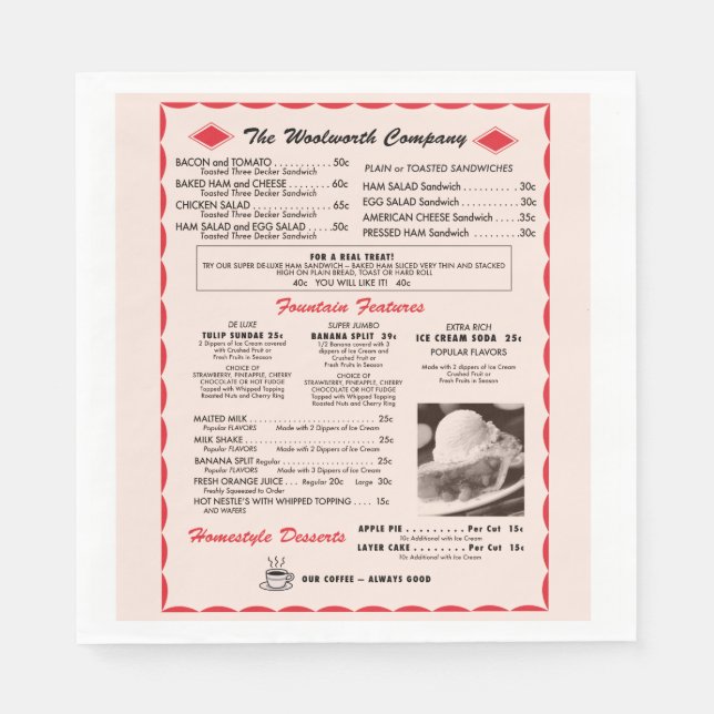 Woolworth Menu Paper Napkins (Front)