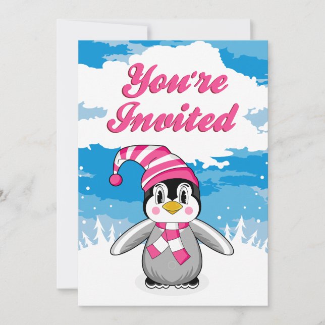 Wooly Hat Penguin Party Invite (Front)