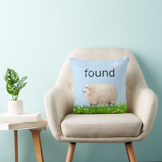 Wooly Sheep In Grass with "Found" Text Throw Pillow (Chair)