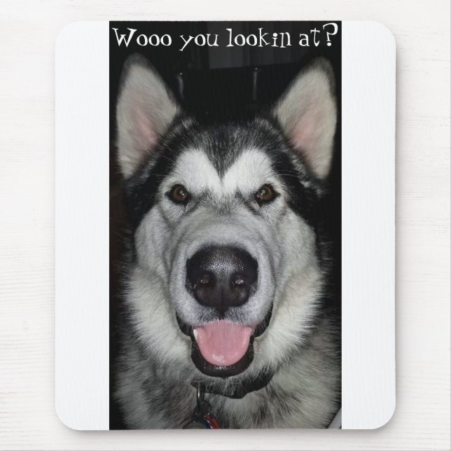 Wooo you lookin at? Alaskan Malamute mouse pad. Pad (Front)