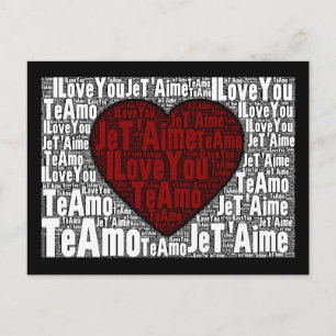 Word Art: "I Love You" 3 languages - Red Heart Postcard