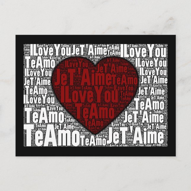 Word Art: "I Love You" 3 languages - Red Heart Postcard (Front)