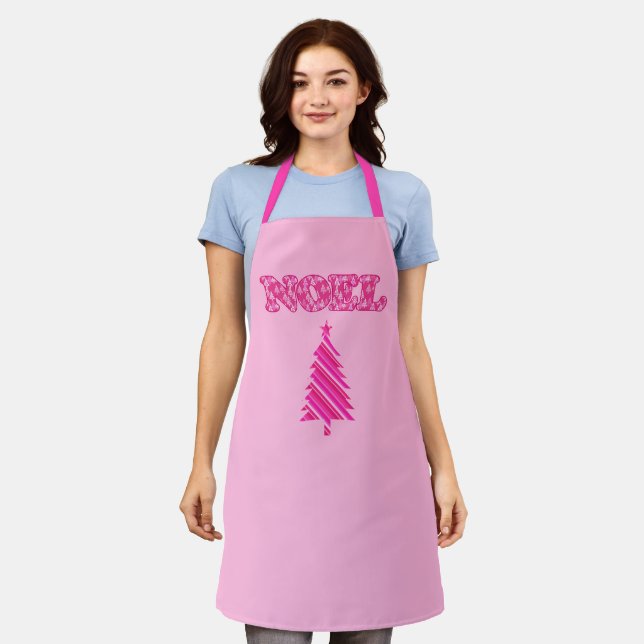 Word Art - Noel Patterned in Fuchsia Pink Trees   Apron (Worn)